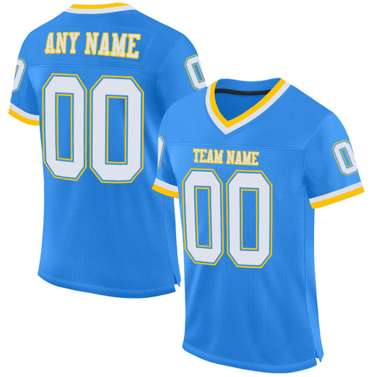 Custom Powder Blue White-Gold Mesh Authentic Throwback Football Jersey Limited