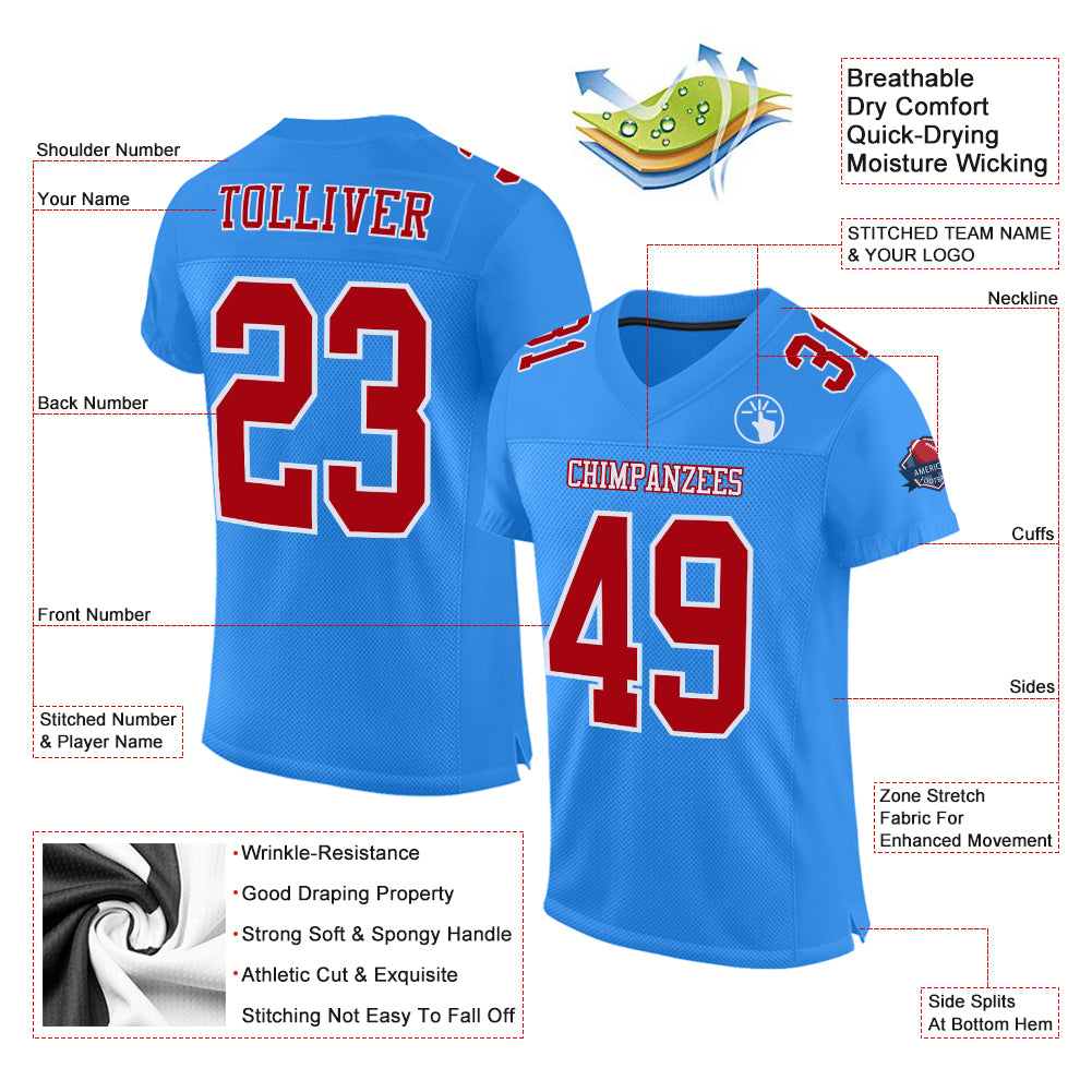 Custom Powder Blue Red-White Mesh Authentic Football Jersey Limited