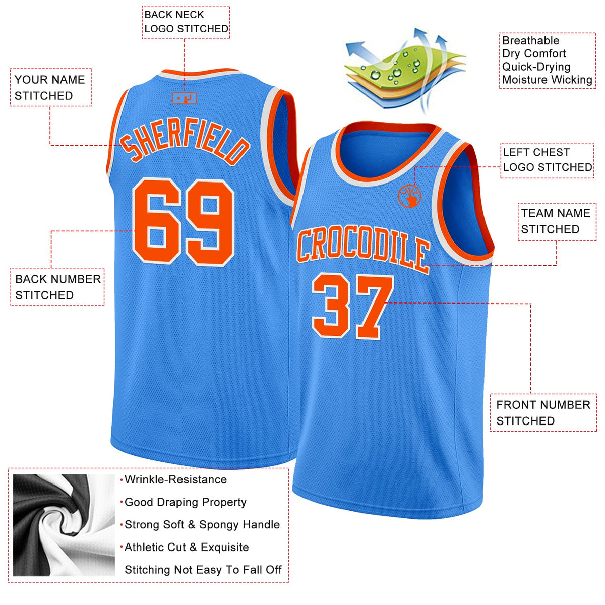 Custom Powder Blue Orange-White Authentic Basketball Jersey Limited