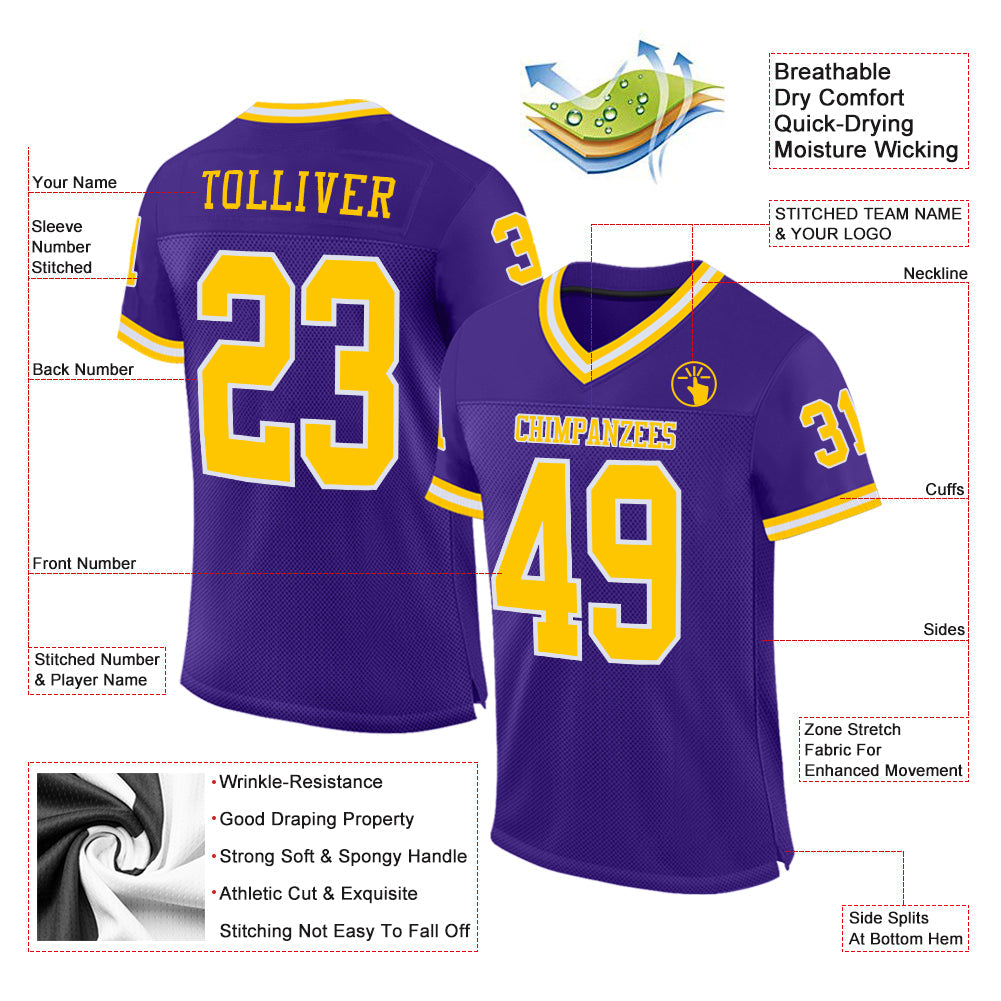 Custom Purple Gold-White Mesh Authentic Throwback Football Jersey Limited