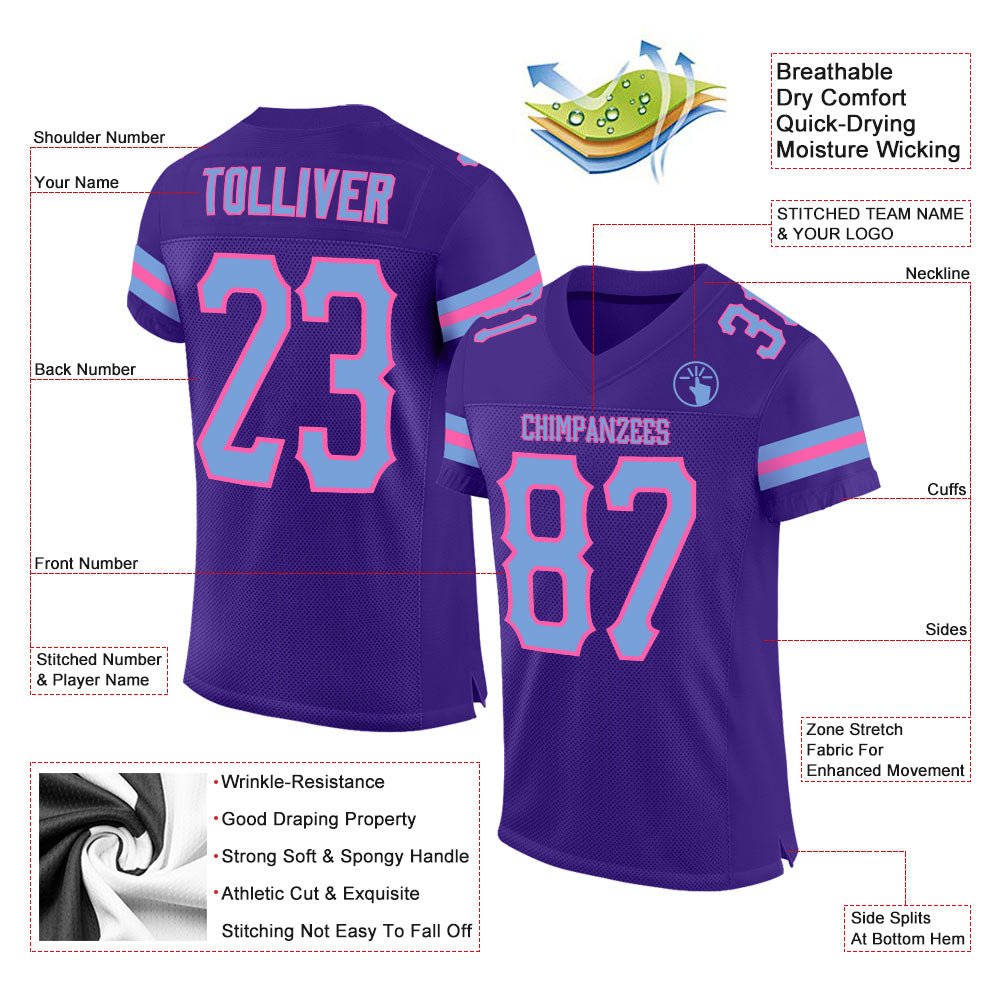 Custom Purple Light Blue-Pink Mesh Authentic Football Jersey Limited
