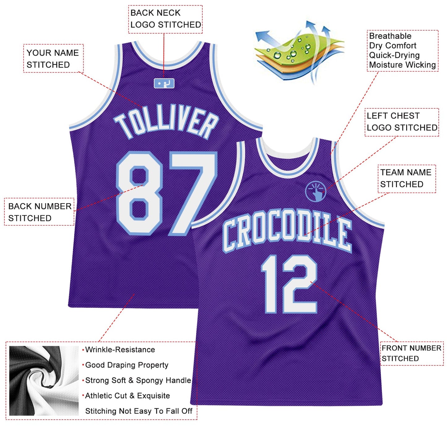 Custom Purple White-Light Blue Authentic Throwback Basketball Jersey Limited