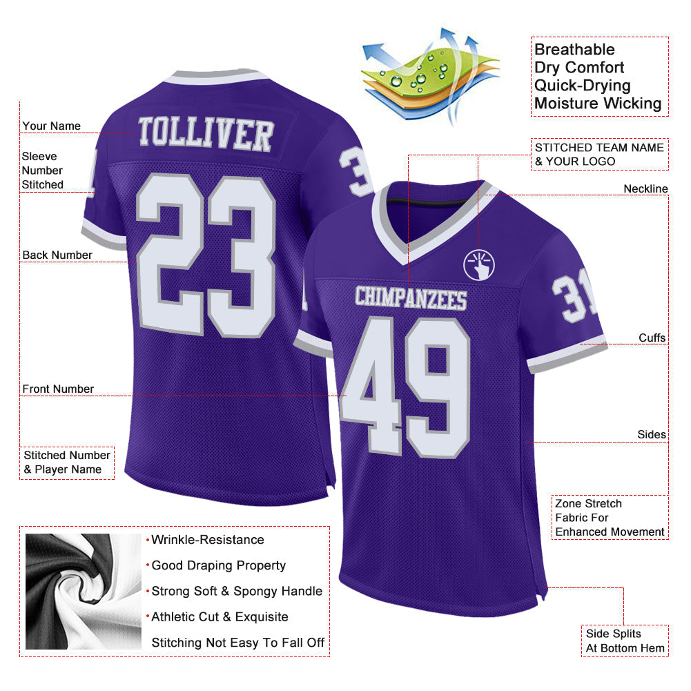 Custom Purple White-Gray Mesh Authentic Throwback Football Jersey Limited