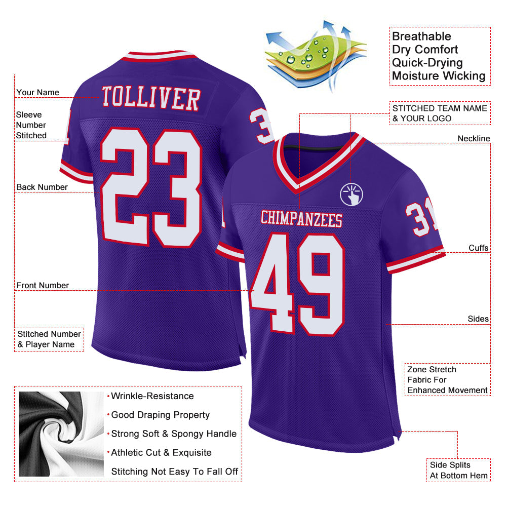 Custom Purple White-Red Mesh Authentic Throwback Football Jersey Limited