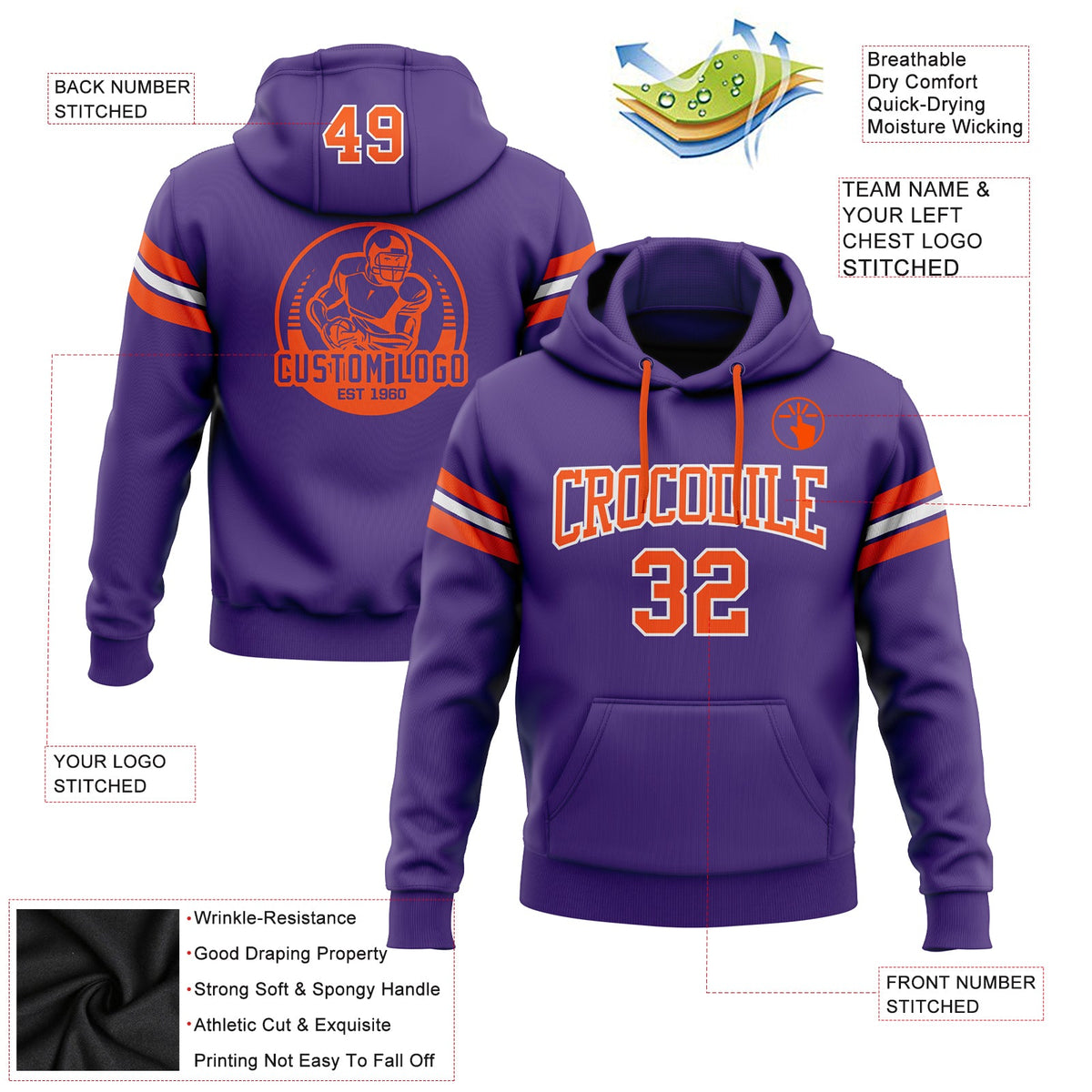 Custom Stitched Purple Orange-White Football Pullover Sweatshirt Hoodie Limited