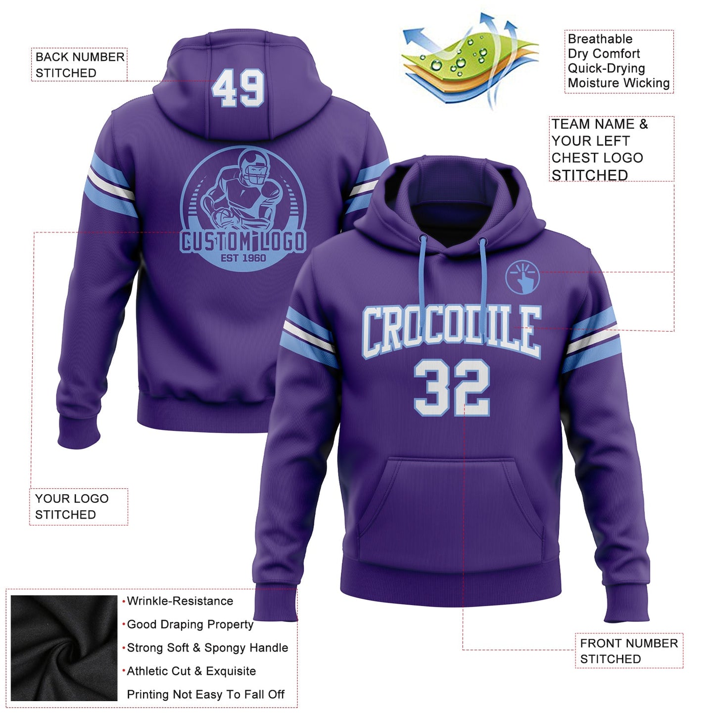 Custom Stitched Purple White-Light Blue Football Pullover Sweatshirt Hoodie Limited