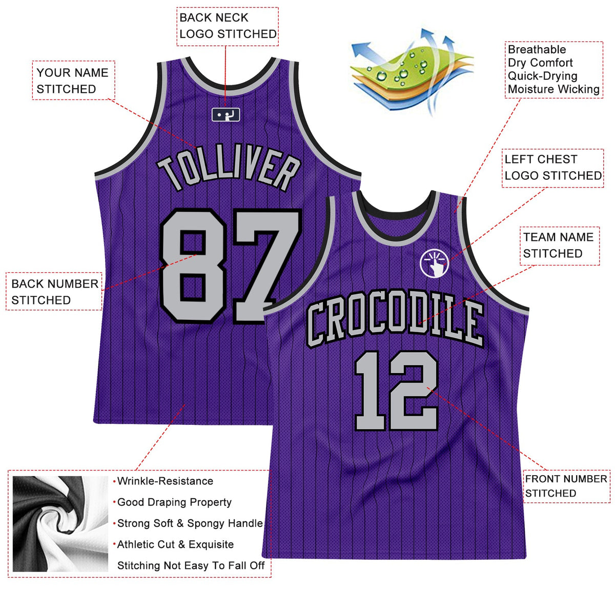 Custom Purple Black Pinstripe Gray Authentic Basketball Jersey Limited