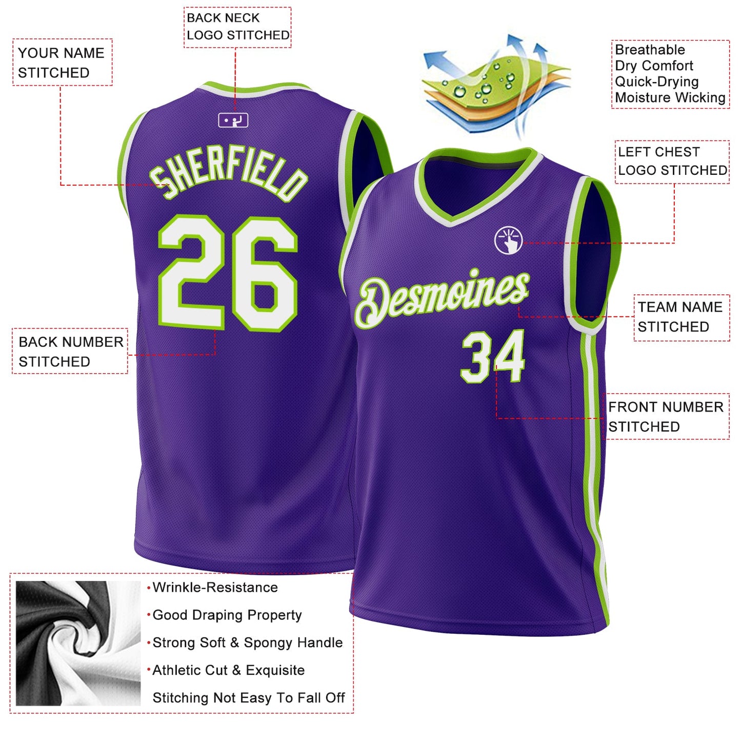 Custom Purple White-Neon Green Authentic Throwback Basketball Jersey Limited