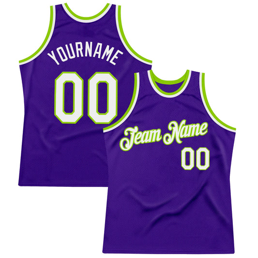 Custom Purple White-Neon Green Authentic Throwback Basketball Jersey