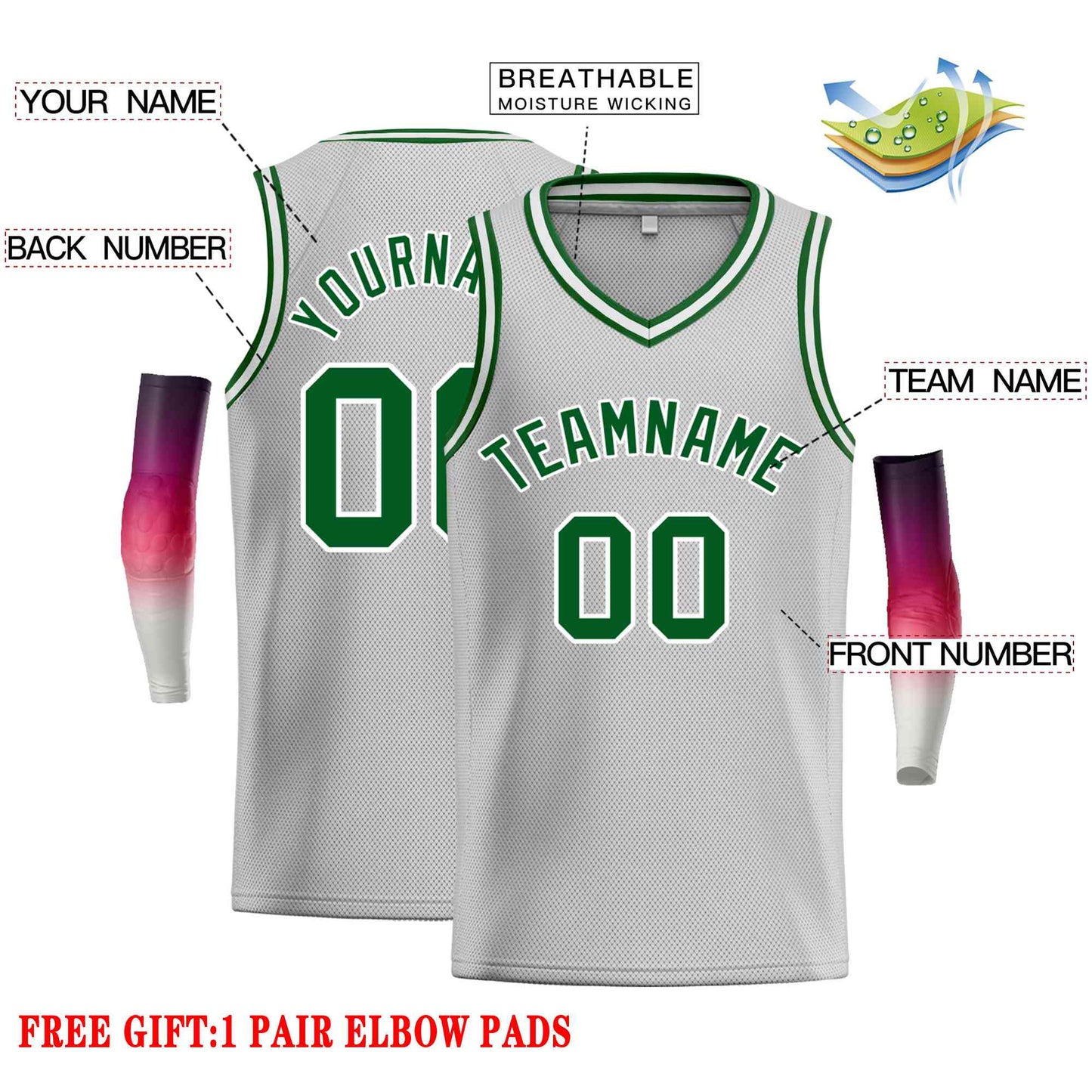 Custom Gray Green-White Classic Tops Men Casual Basketball Jersey Limited