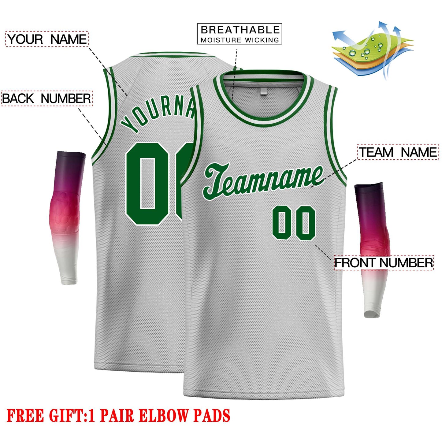 Custom Gray Green-White Classic Tops Casual Basketball Jersey Limited