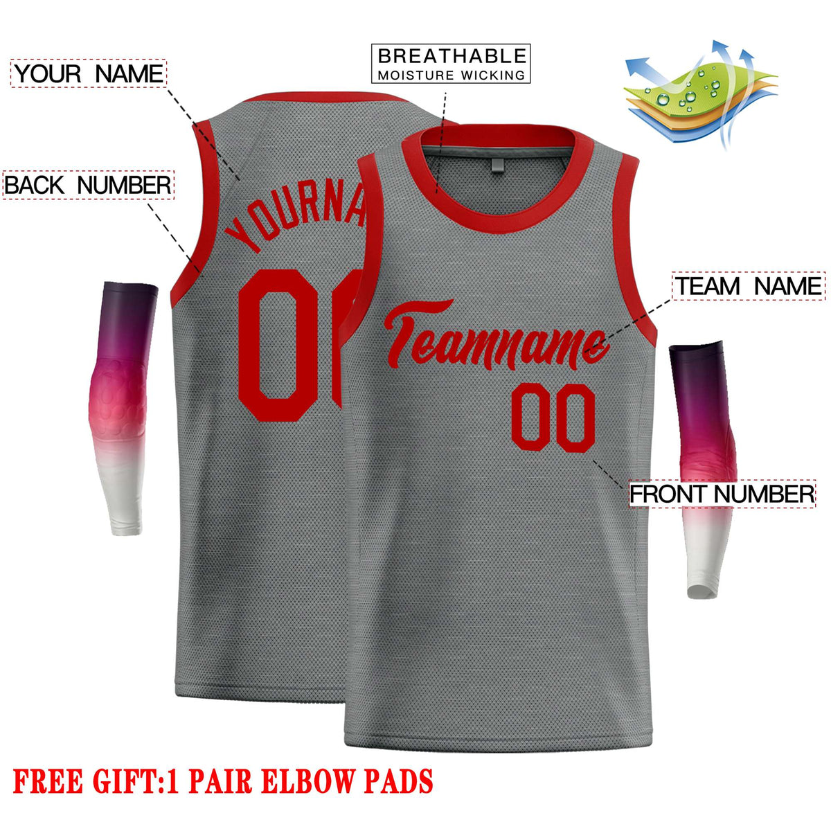 Custom Dark Gray Red Classic Tops Casual Basketball Jersey Limited