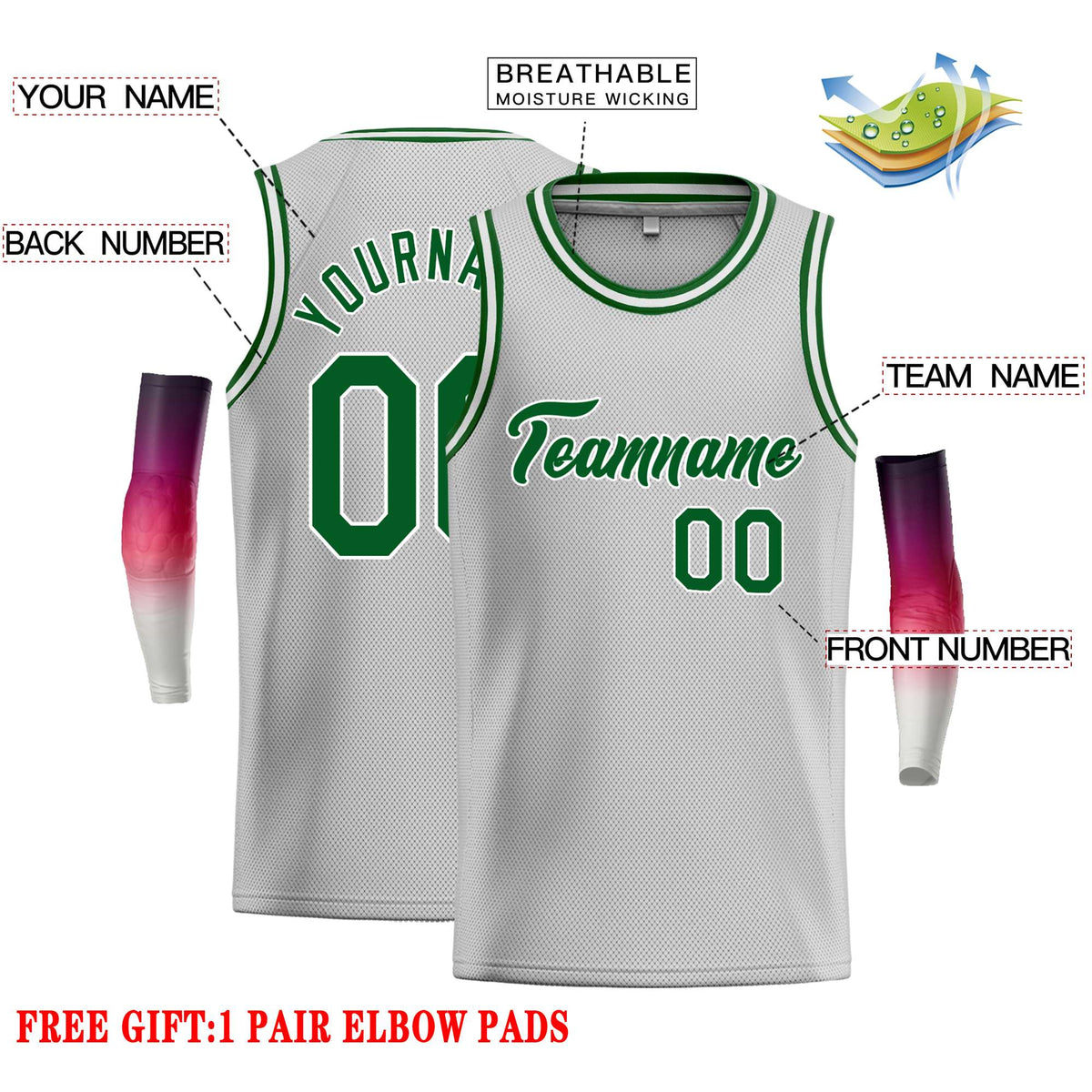 Custom Gray Green-White Classic Tops Casual Basketball Jersey Limited