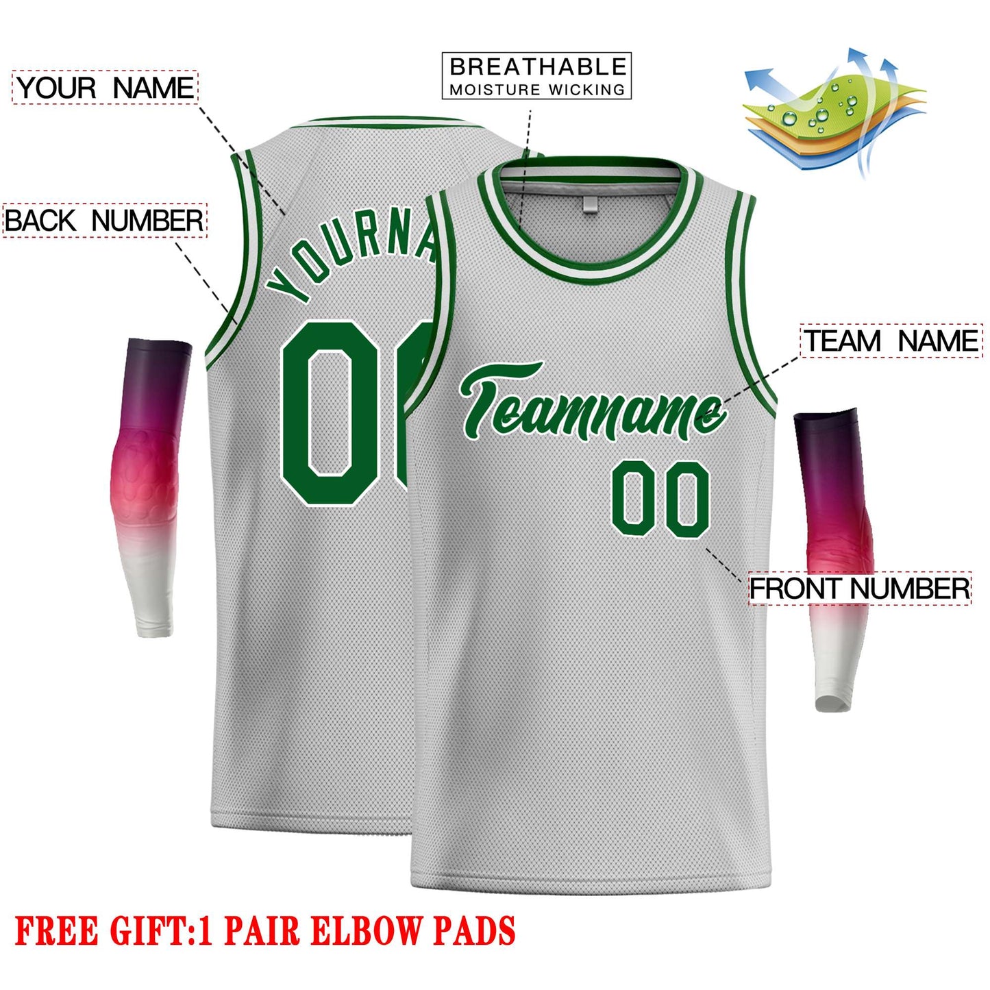 Custom Gray Green-White Classic Tops Casual Basketball Jersey Limited
