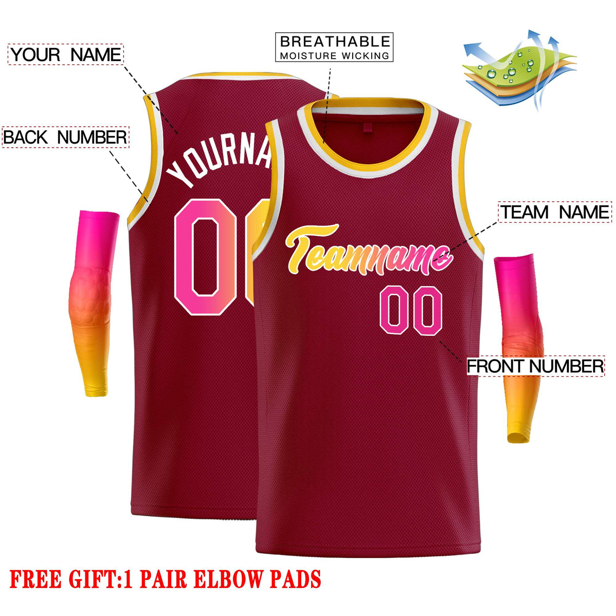 Custom Crimson Yellow-White Classic Tops Casual Basketball Jersey Limited