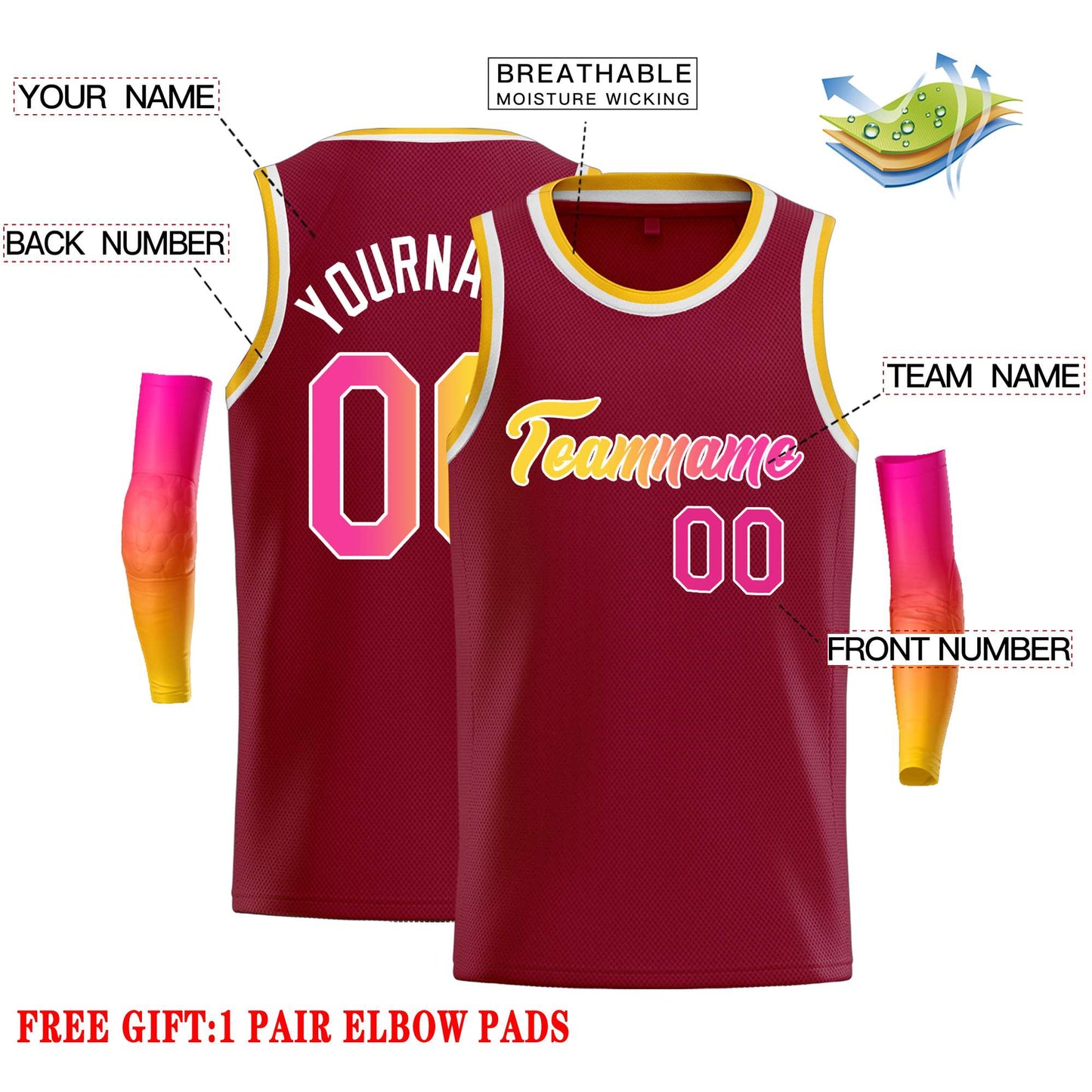 Custom Crimson Yellow-White Classic Tops Casual Basketball Jersey Limited
