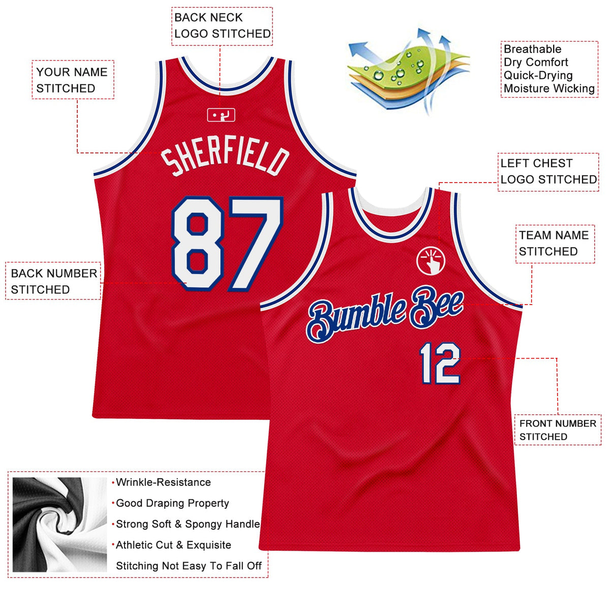 Custom Red White-Royal Authentic Throwback Basketball Jersey Limited