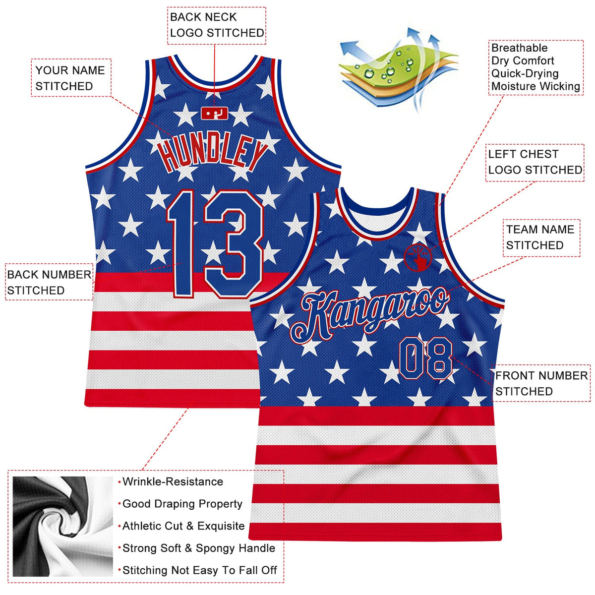 Custom Royal Royal-Red 3D Pattern Design American Flag Authentic Basketball Jersey Limited