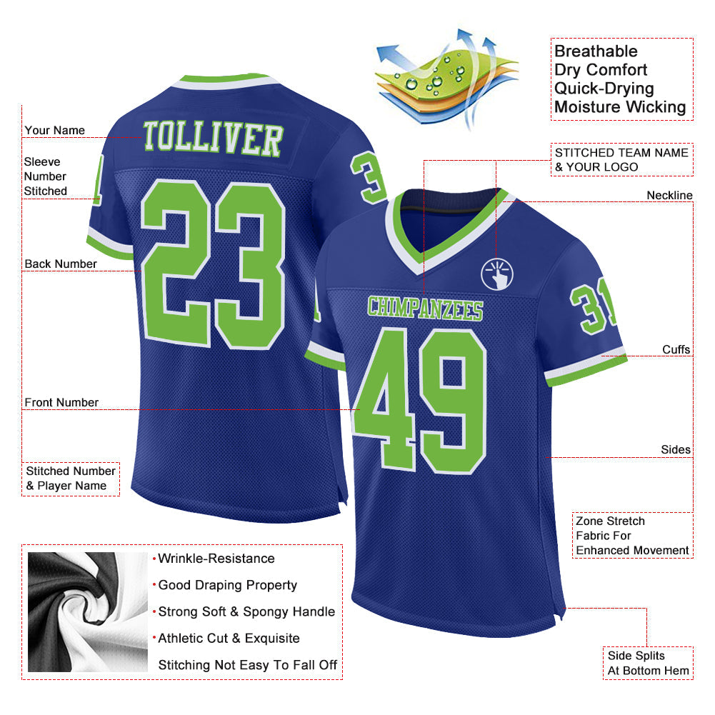 Custom Royal Neon Green-White Mesh Authentic Throwback Football Jersey Limited