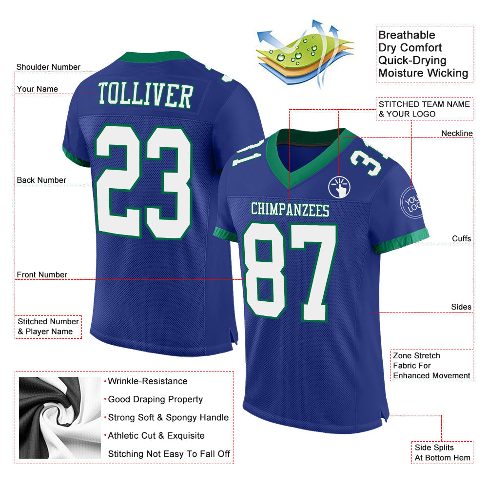 Custom Royal White-Kelly Green Mesh Authentic Football Jersey Limited