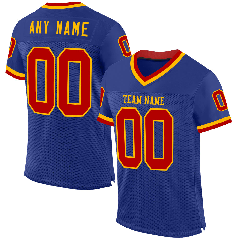 Custom Royal Red-Gold Mesh Authentic Throwback Football Jersey Limited