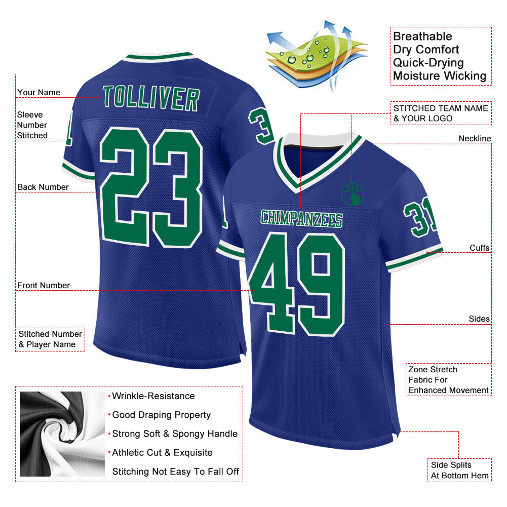 Custom Royal Kelly Green-White Mesh Authentic Throwback Football Jersey Limited