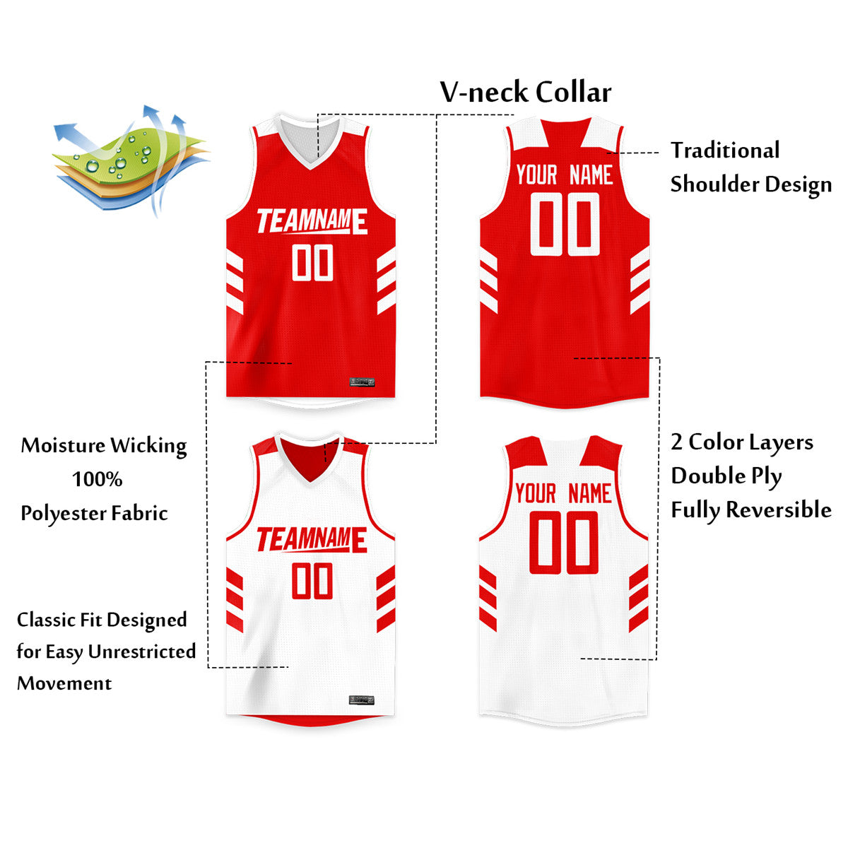 Custom White Red Double Side Tops Basketball Jersey Limited