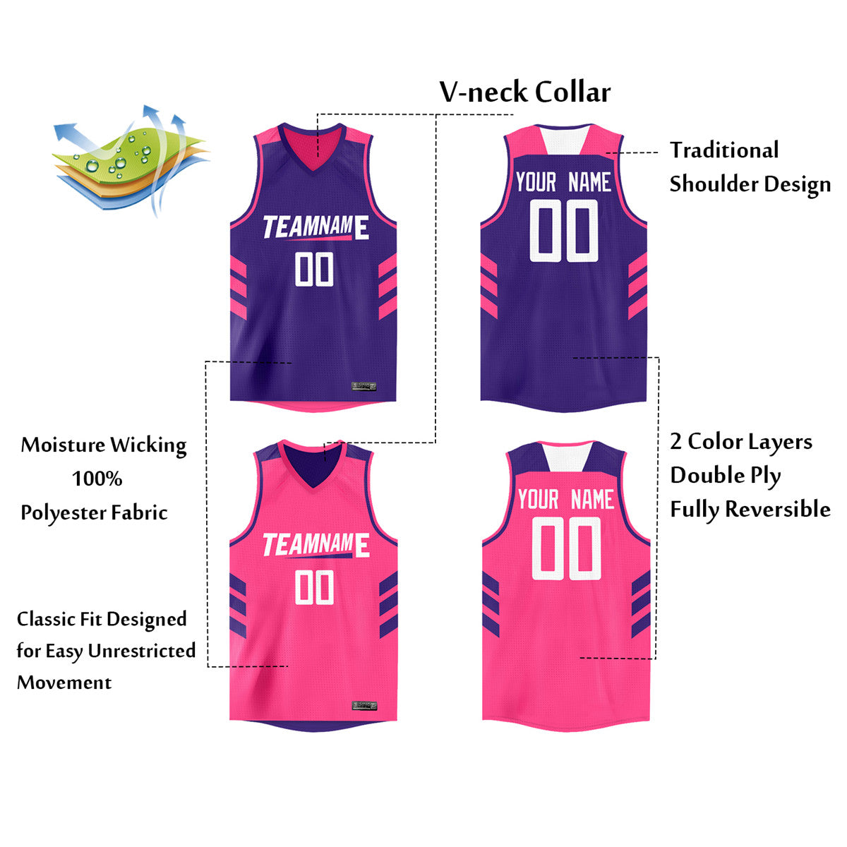 Custom Purple Pink Double Side Tops Men/Boy Basketball Jersey Limited