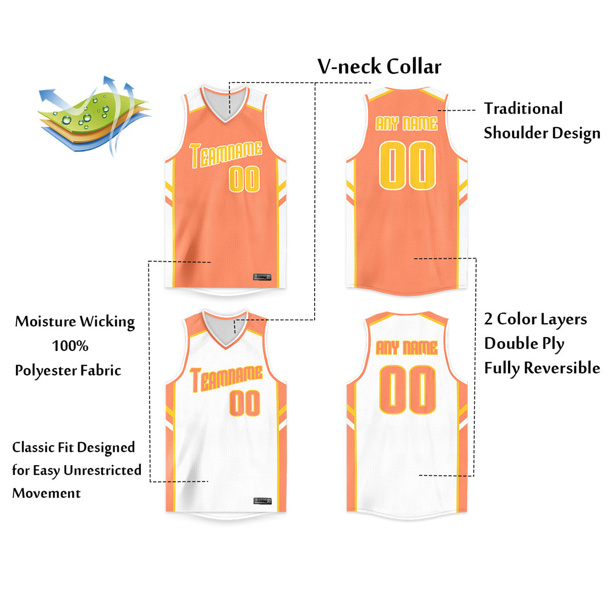 Custom Orange White Double Side Tops Men/Boy Basketball Jersey Limited