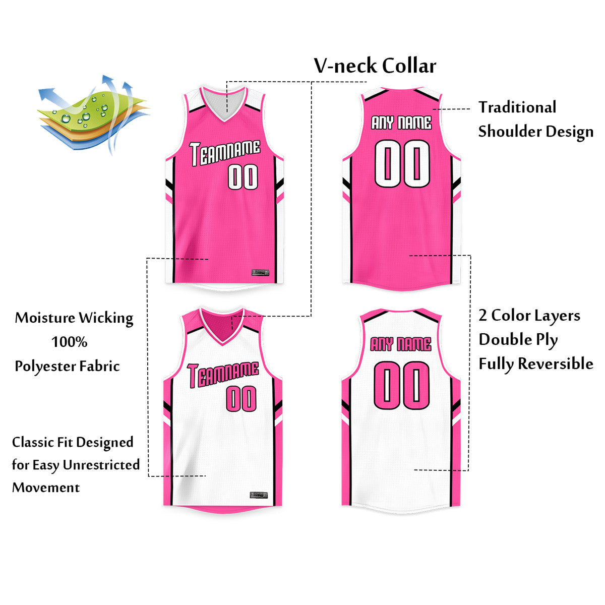 Custom Pink White Double Side Tops Men/Boy Basketball Jersey Limited