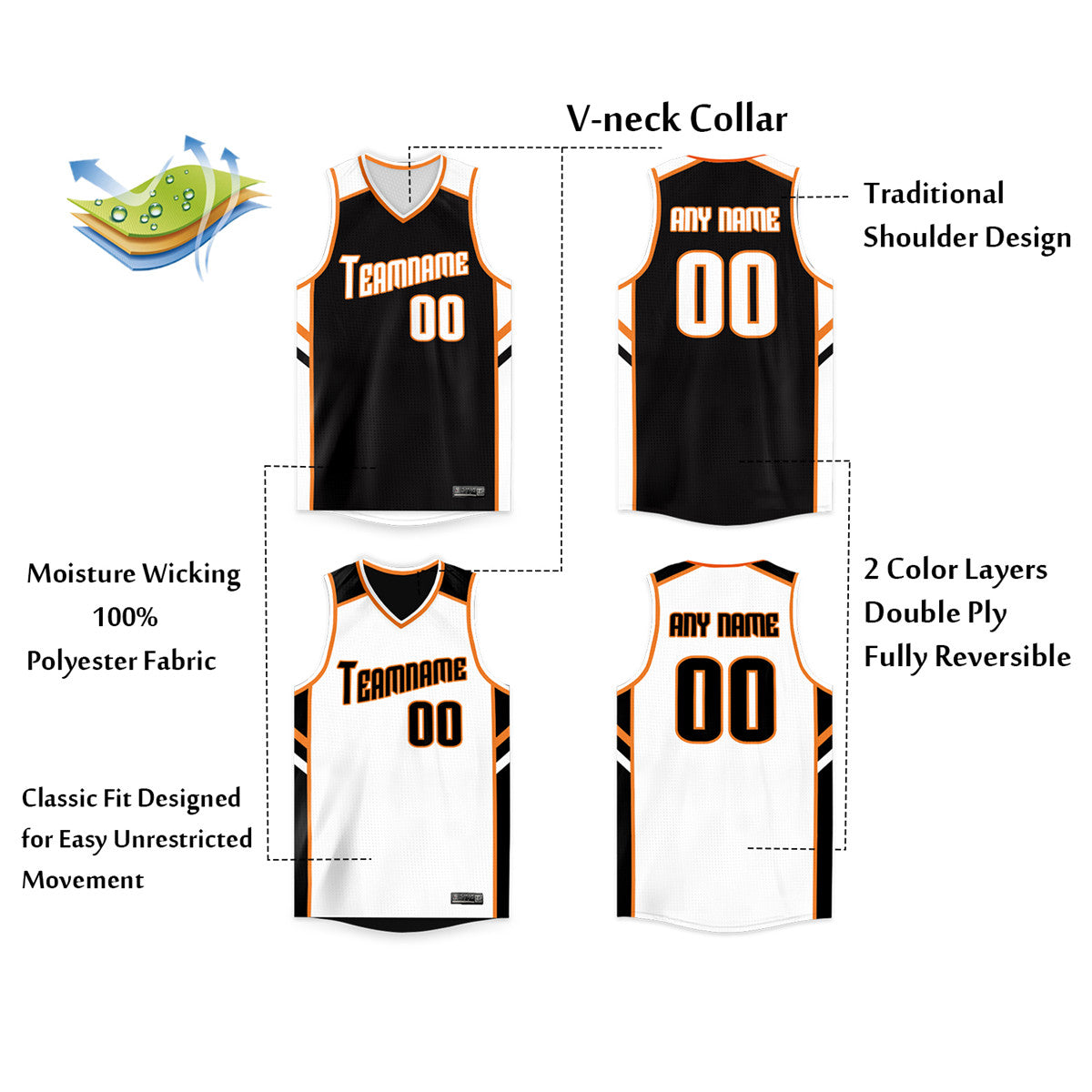 Custom White orange Double Side Tops Basketball Jersey Limited