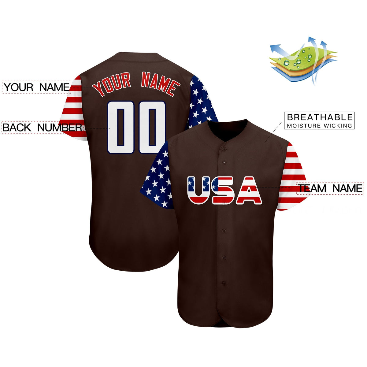 Custom Brown White-Navy American Flag Authentic Baseball Jersey Limited