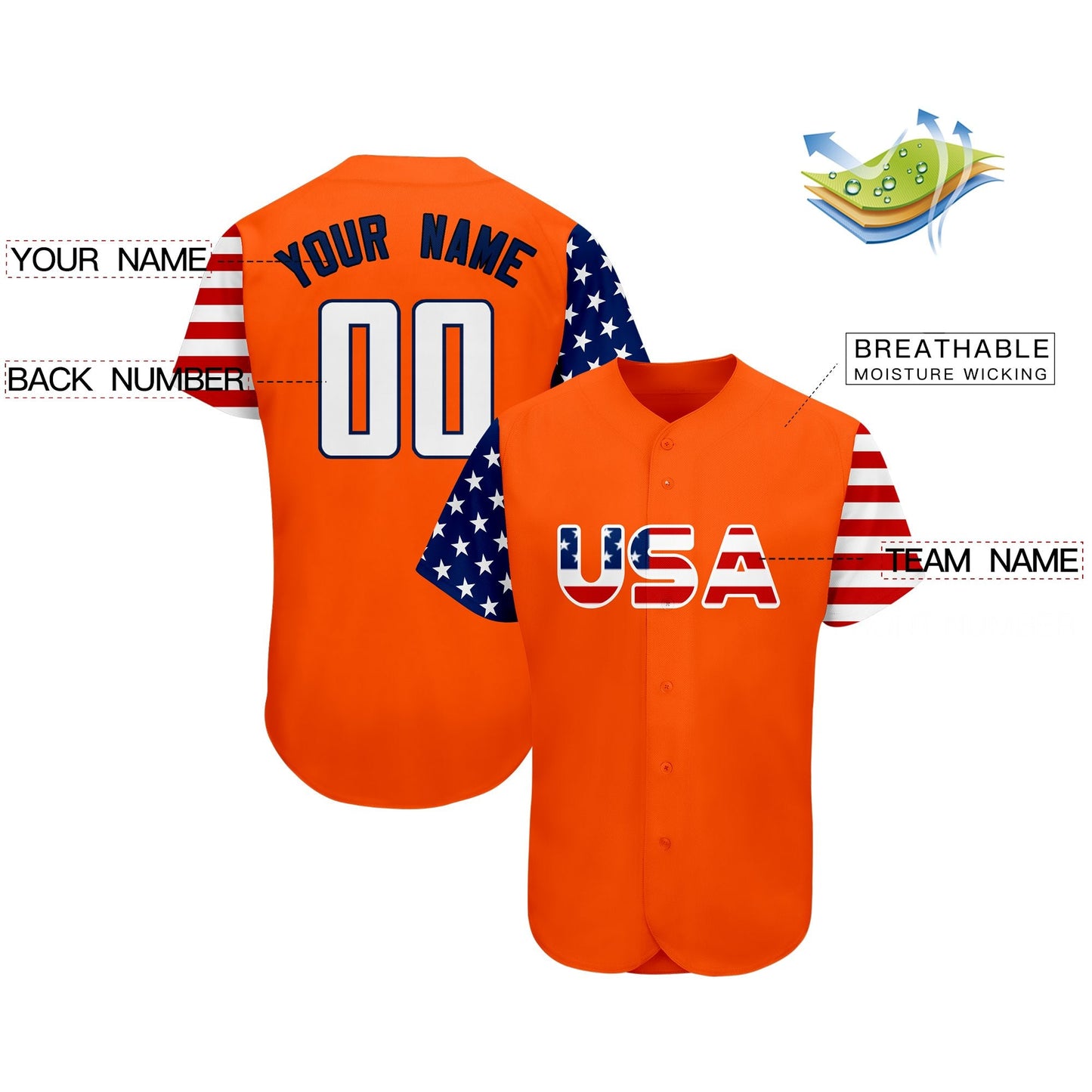 Custom Orange White-Navy American Flag Authentic Baseball Jersey Limited