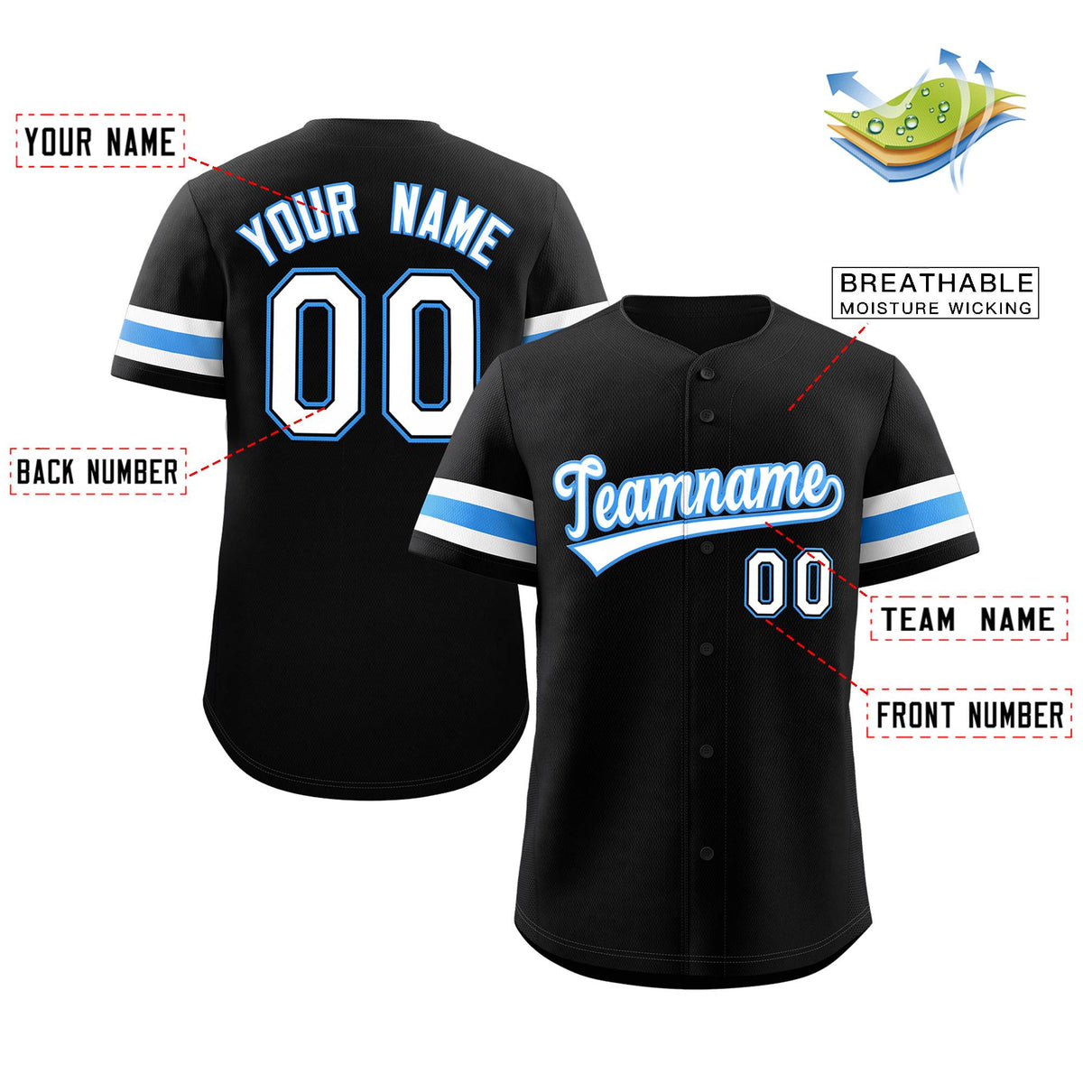 Custom Black White-Powder Blue Classic Style Authentic Baseball Jersey Limited