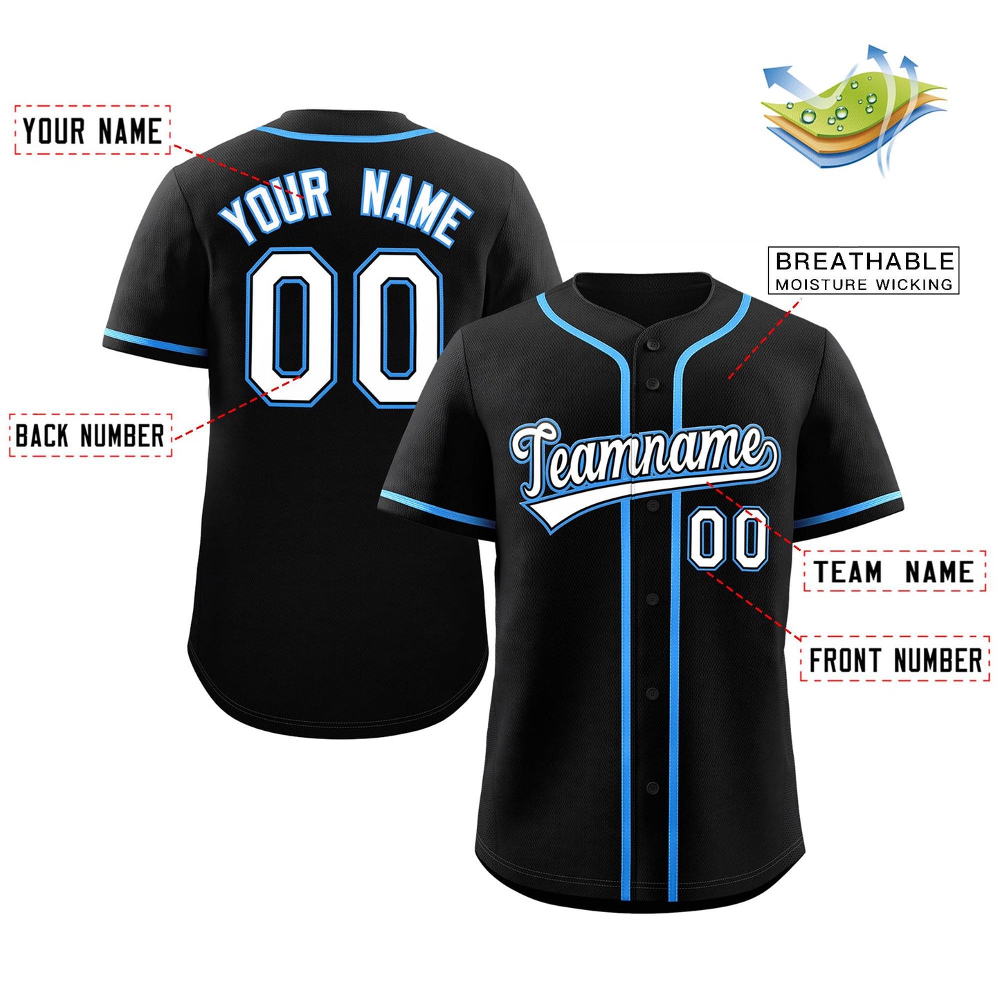 Custom Black White-Powder Blue Classic Style Authentic Baseball Jersey Limited