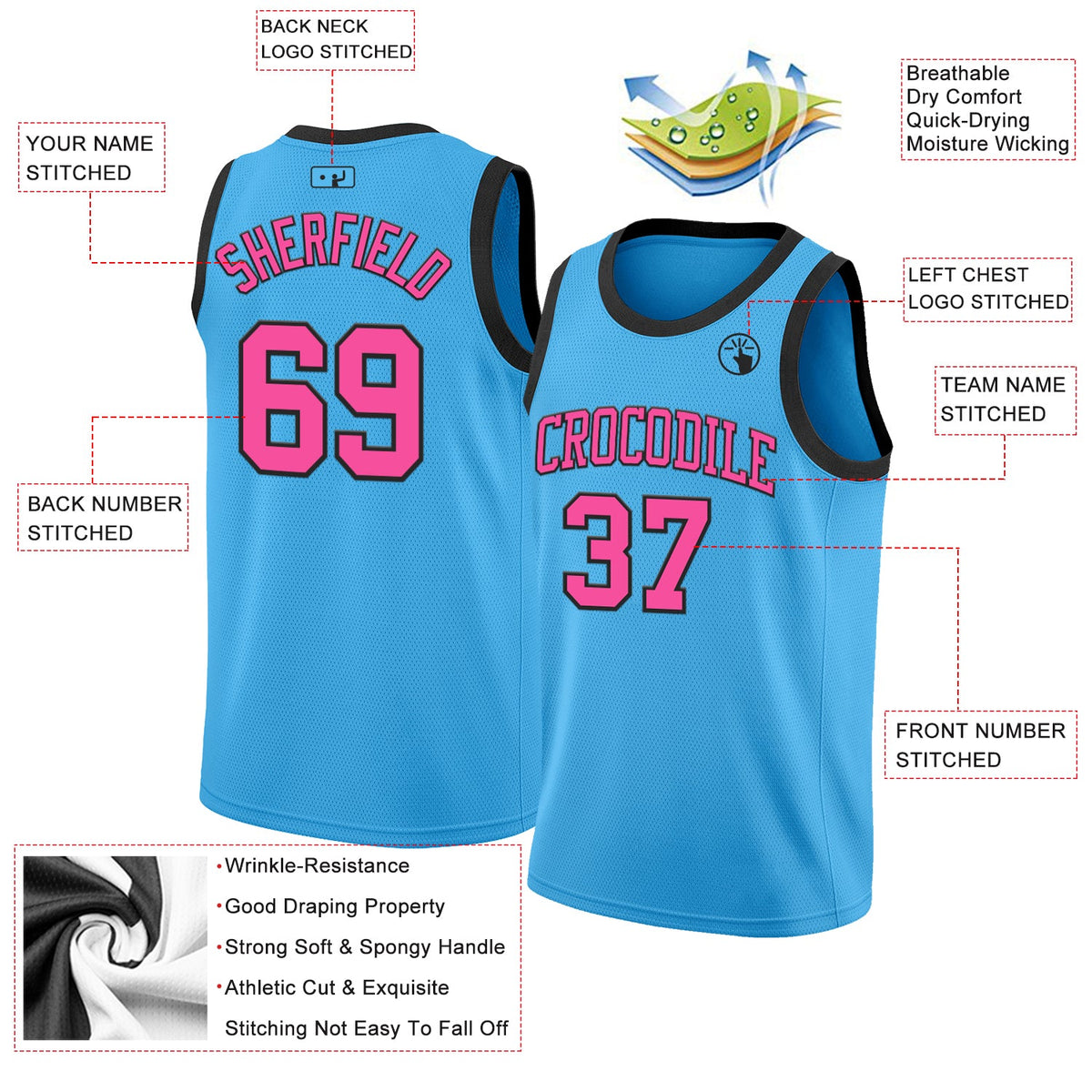 Custom Sky Blue Pink-Black Authentic Basketball Jersey Limited