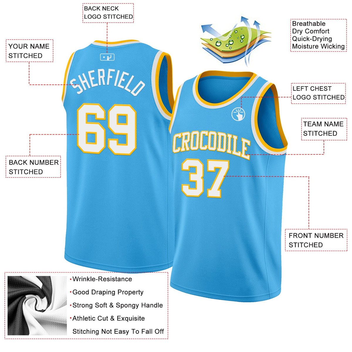 Custom Sky Blue White-Gold Authentic Basketball Jersey Limited