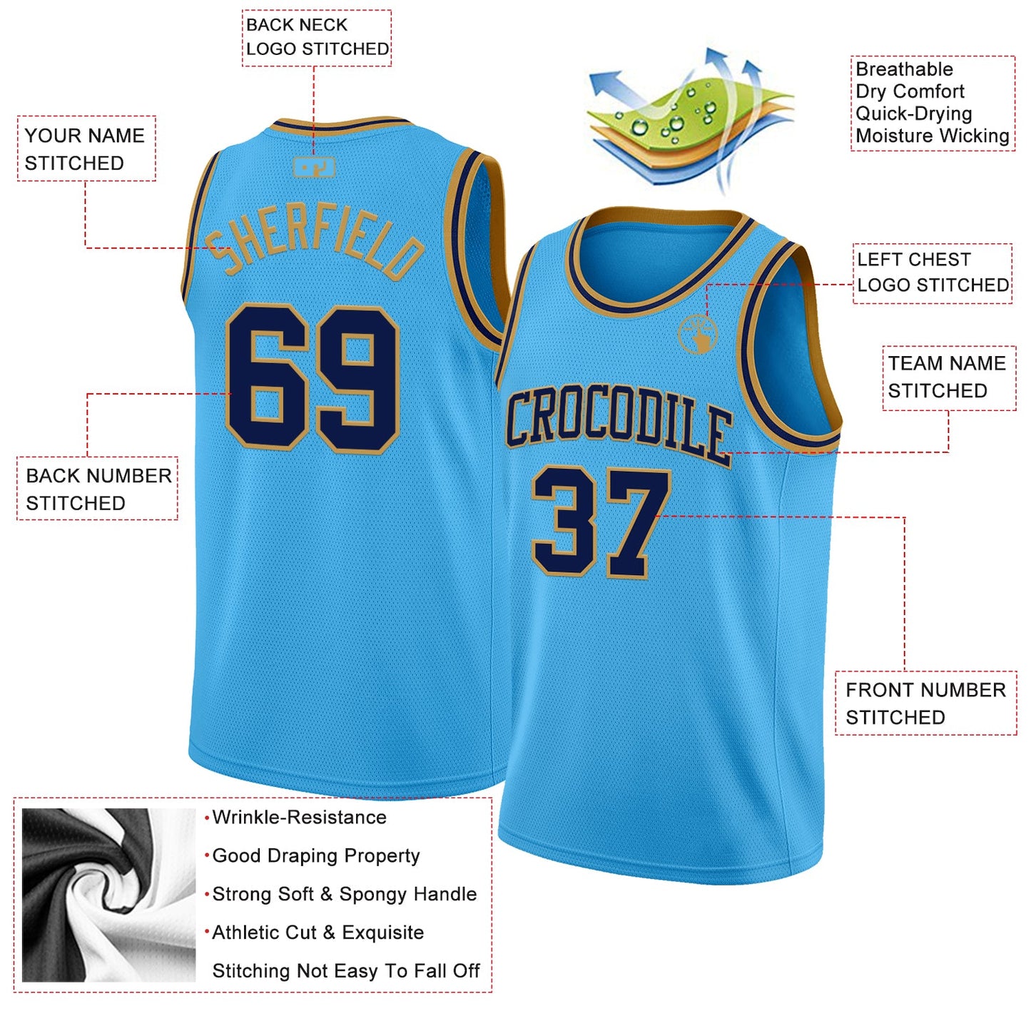 Custom Sky Blue Navy-Old Gold Authentic Basketball Jersey Limited