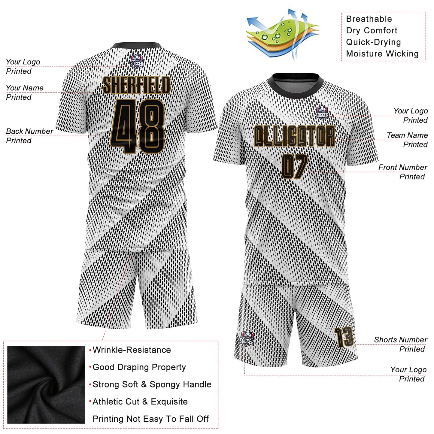 Custom White Black-Old Gold Sublimation Soccer Uniform Jersey Limited
