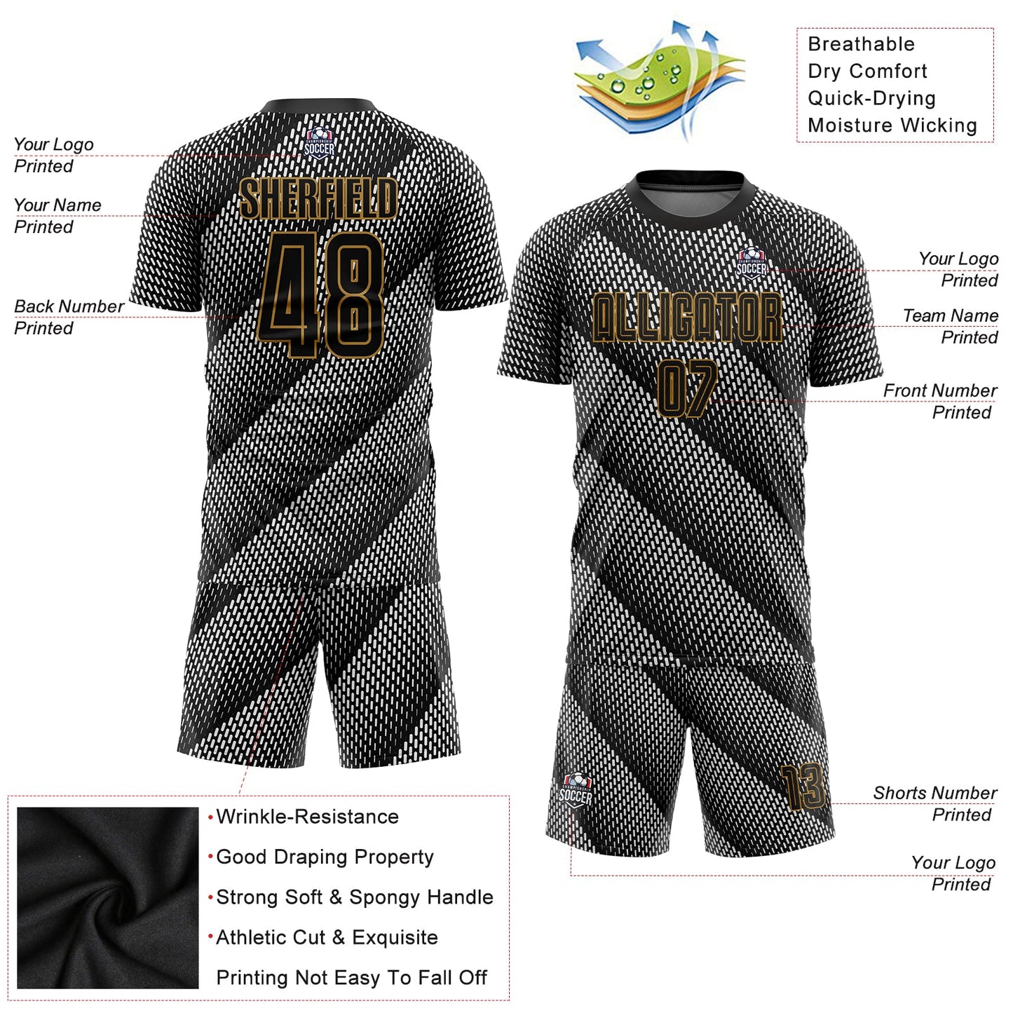 Custom Black Black-Old Gold Sublimation Soccer Uniform Jersey Limited