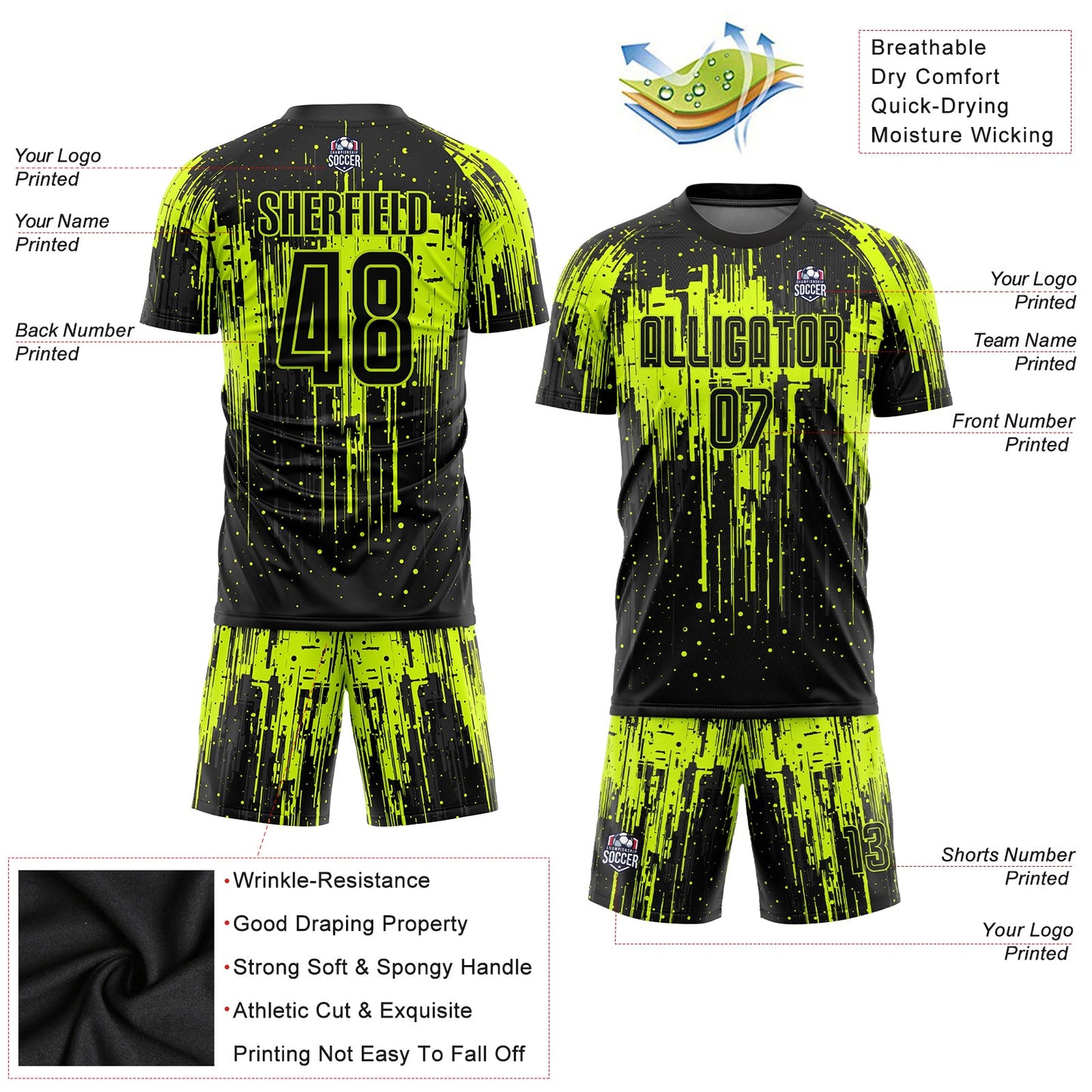 Custom Neon Green Black Sublimation Soccer Uniform Jersey Limited