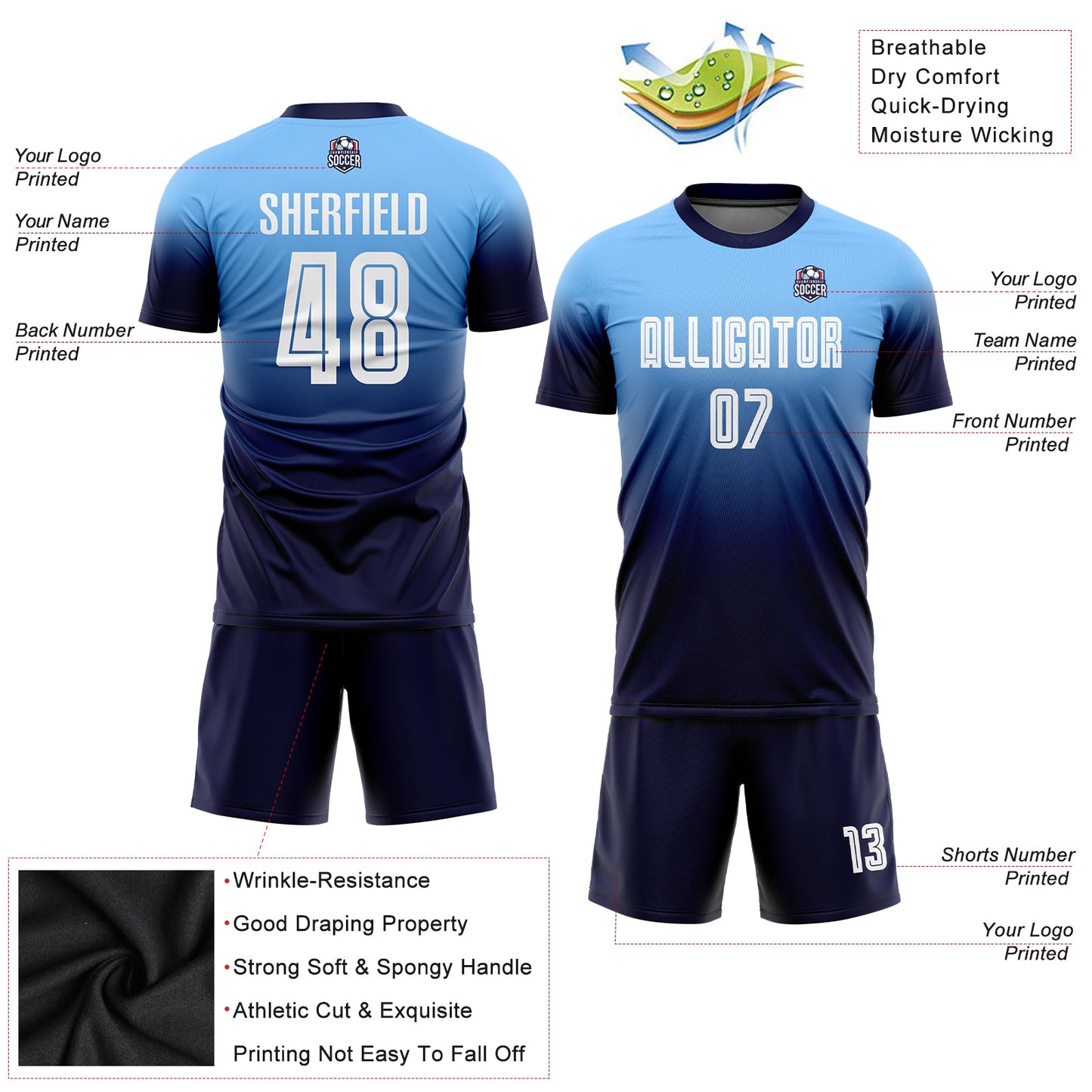 Custom Light Blue White-Navy Sublimation Fade Fashion Soccer Uniform Jersey Limited