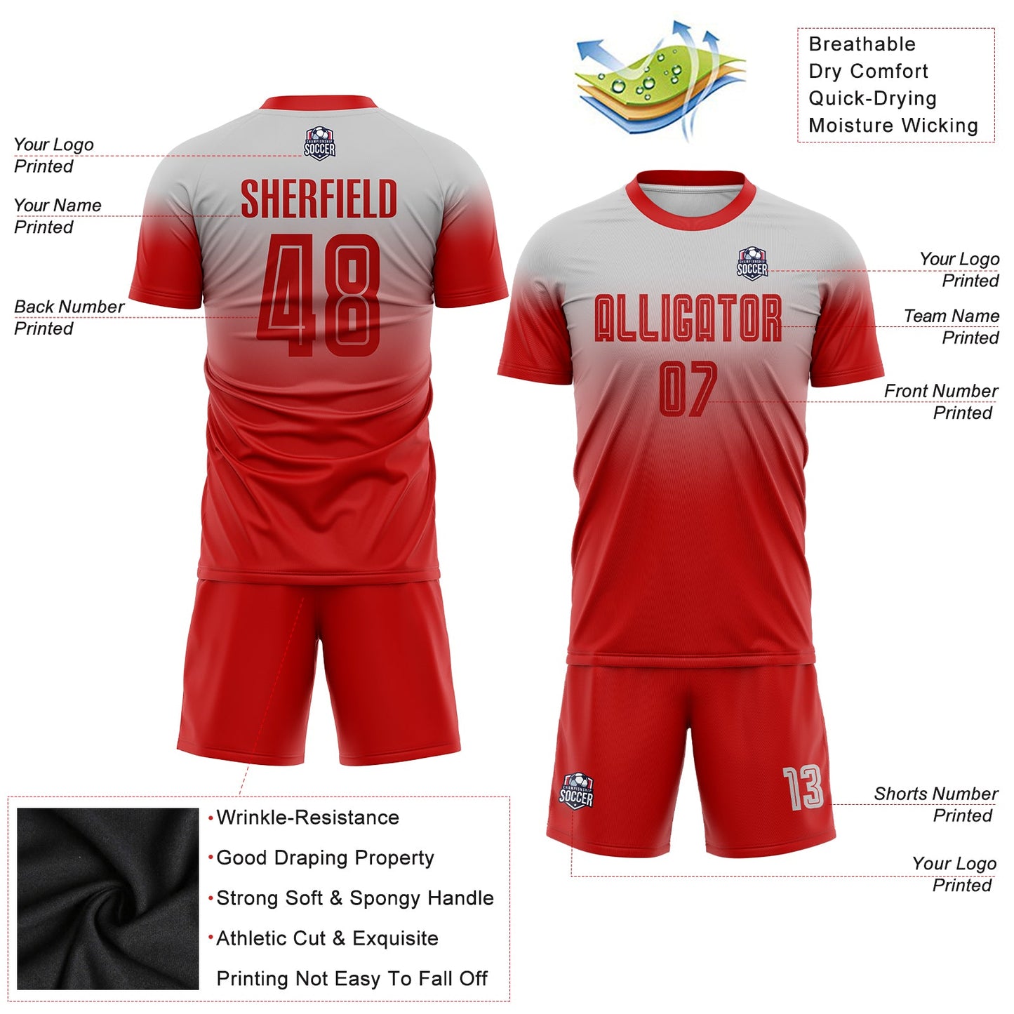 Custom Gray Red Sublimation Fade Fashion Soccer Uniform Jersey Limited