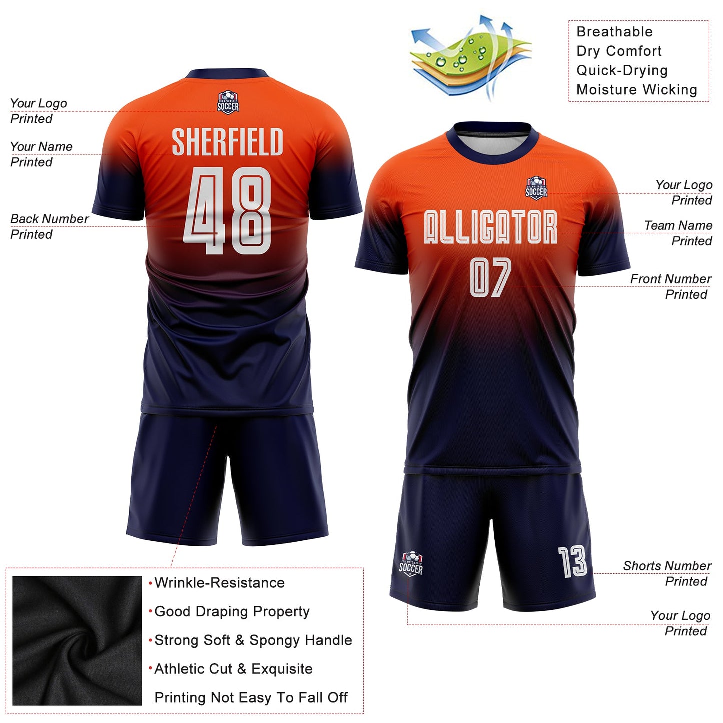 Custom Orange White-Navy Sublimation Fade Fashion Soccer Uniform Jersey Limited