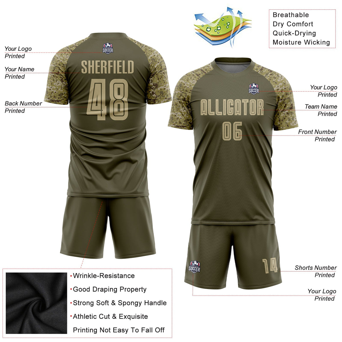 Custom Olive Vegas Gold-Camo Sublimation Salute To Service Soccer Uniform Jersey Limited