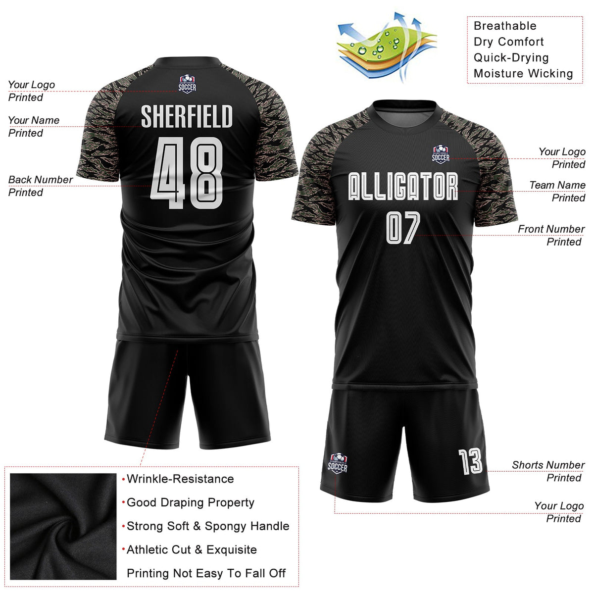 Custom Black White-Camo Sublimation Soccer Uniform Jersey Limited