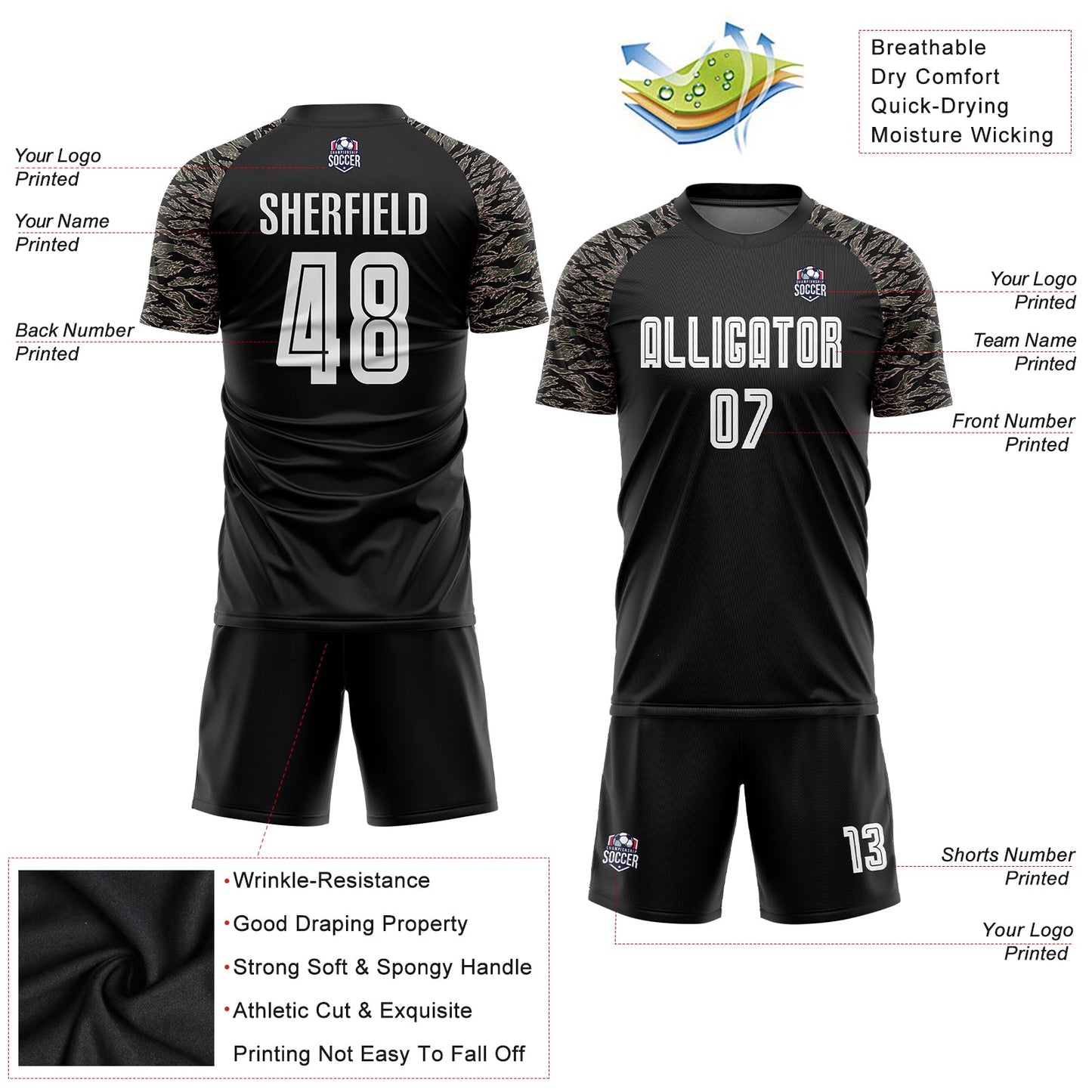 Custom Black White-Camo Sublimation Soccer Uniform Jersey Limited