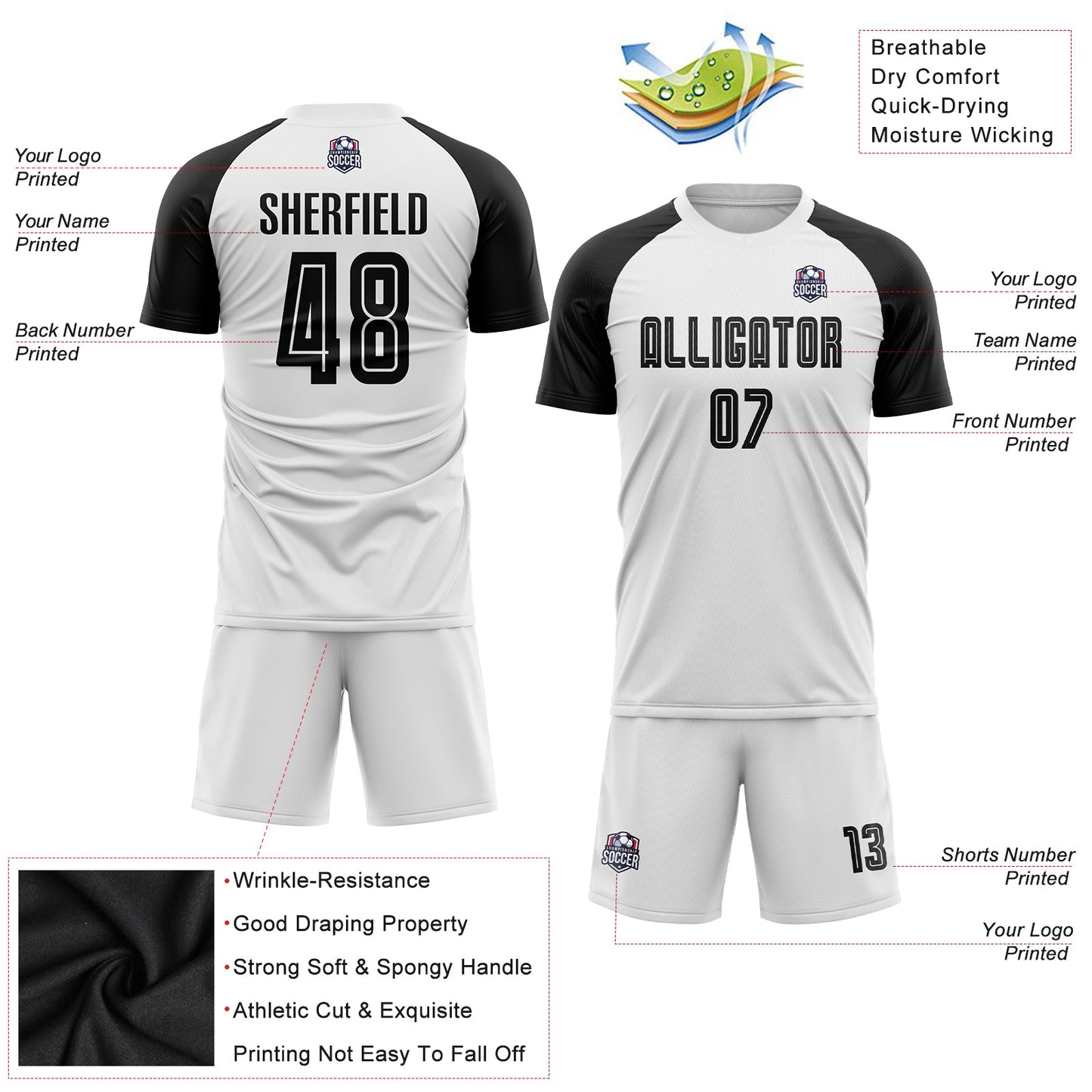 Custom White Black Sublimation Soccer Uniform Jersey Limited