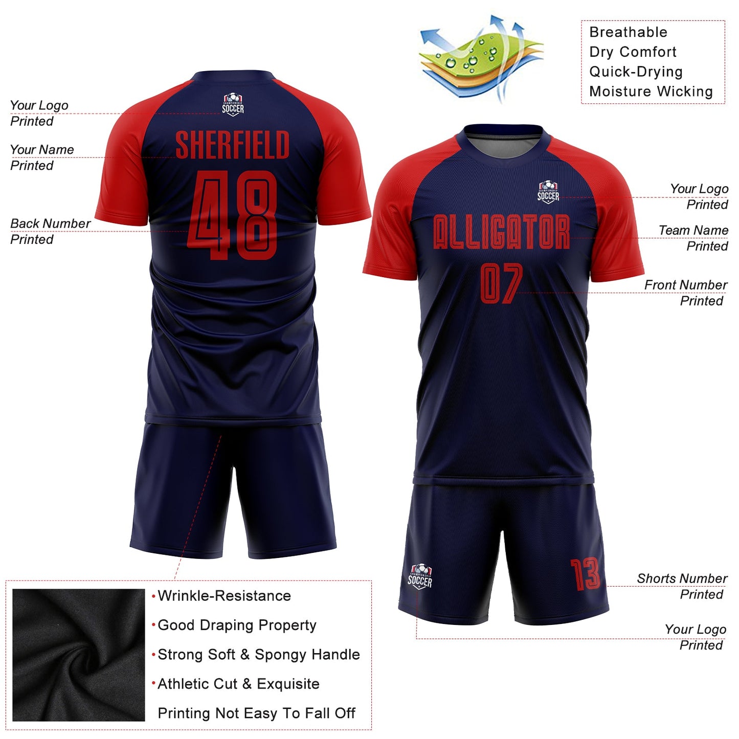 Custom Navy Red Sublimation Soccer Uniform Jersey Limited