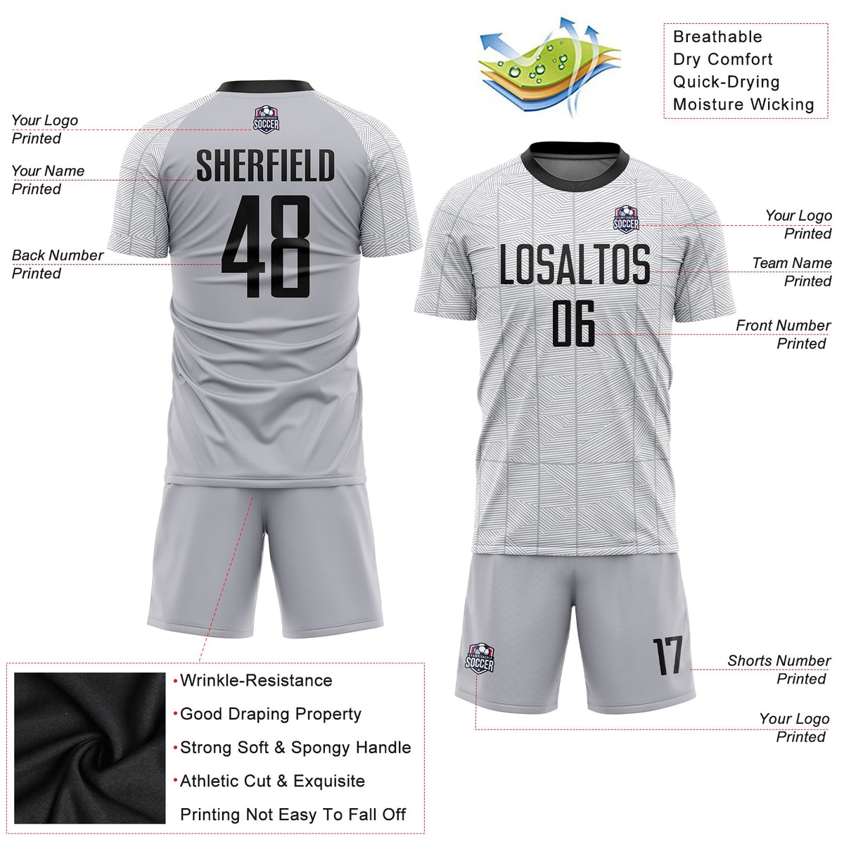 Custom Gray Black-White Sublimation Soccer Uniform Jersey Limited